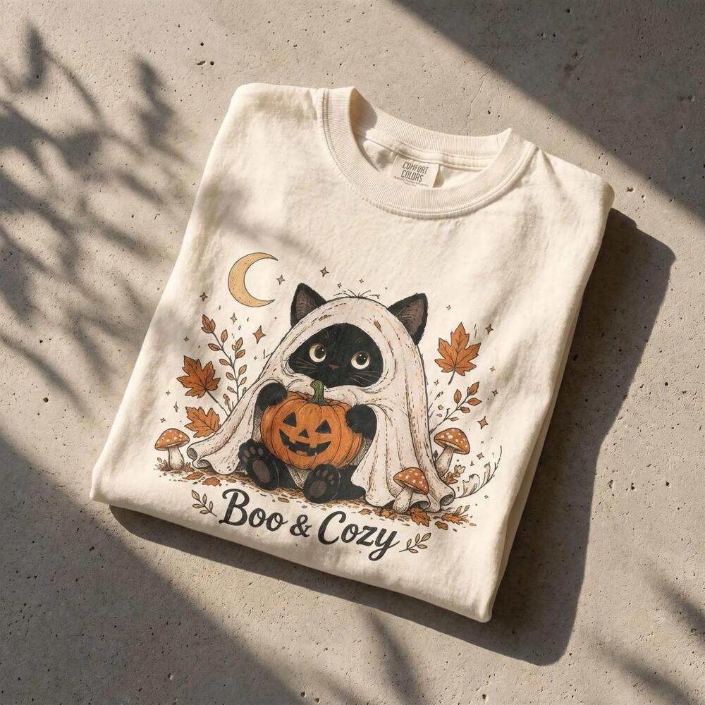 Black Cat Ghost Pumpkin T-Shirt, Halloween Autumn Tee,